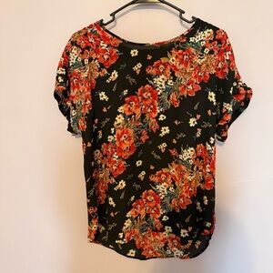 Maurices Black Floral Short-Sleeve Blouse with Red & Cream Blossoms